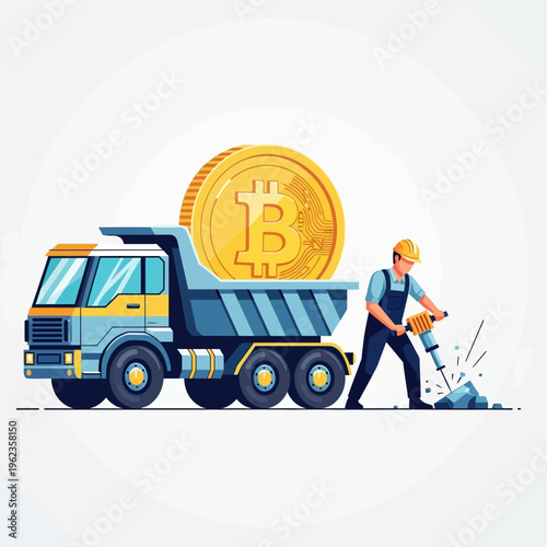Bitcoin mining concept: Dump truck carrying large bitcoin coin, worker with jackhammer