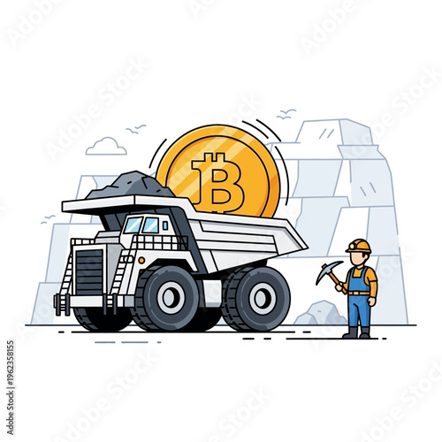 Bitcoin Mining Concept: Truck Loaded with Ore and Giant Bitcoin Symbol in Quarry