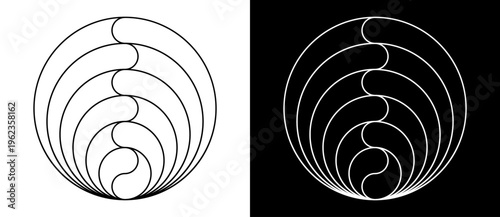 Abstract circular logo design with nested S-curved lines. Minimalist vector illustration of yin-yang inspired cascade or geometric harmony isolated on black and white backgrounds.