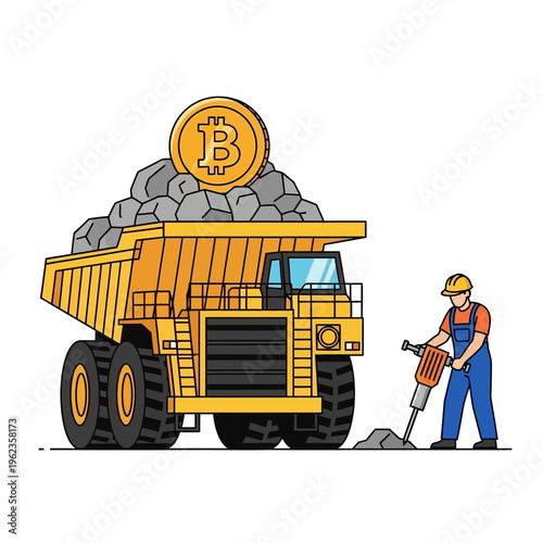 Bitcoin Mining Concept: Dump Truck Full of Rocks with Bitcoin Symbol, Miner with Jackhammer