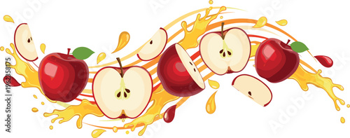 Red apple splash composition with sliced fruits and juice splash dynamic fresh food vector illustration