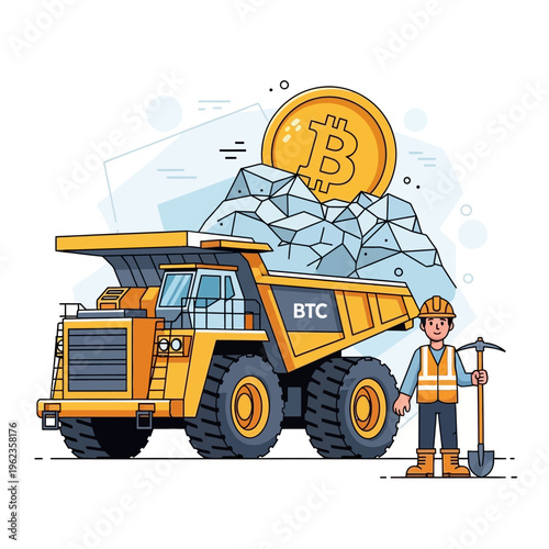 Bitcoin Mining Concept: Dump Truck Carrying Ore with Bitcoin Symbol and Miner