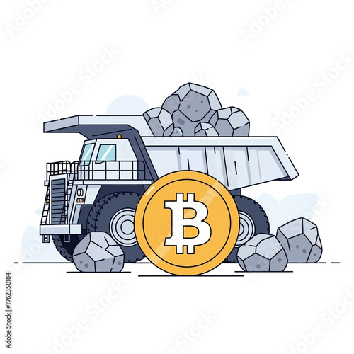Bitcoin Mining Concept: Dump Truck Hauling Rocks with Bitcoin Coin