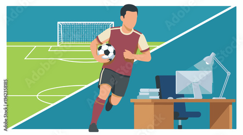 Conceptual image of work-life balance for a soccer player