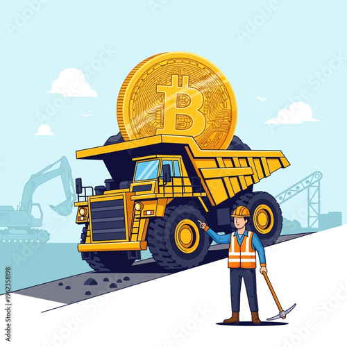 Bitcoin Mining Concept: Dump Truck Carrying Gold Coin and Coal, Miner with Pickaxe