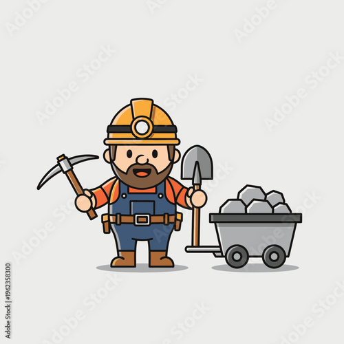 Miner with Pickaxe and Shovel, Ready to Work with Cart Full of Rocks