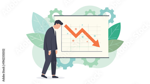 Businessman's financial decline: downward trend chart and crisis