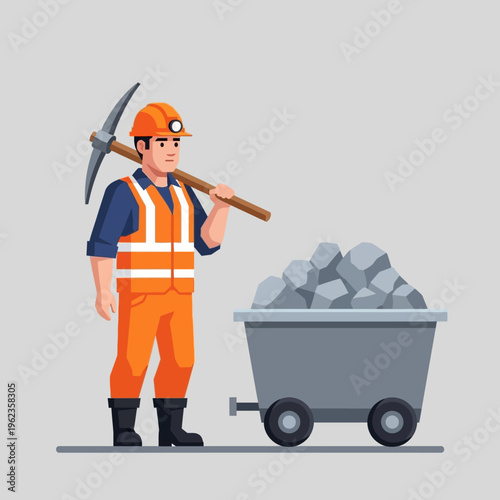 Miner with Pickaxe and Cart Full of Rocks, Ready for Work