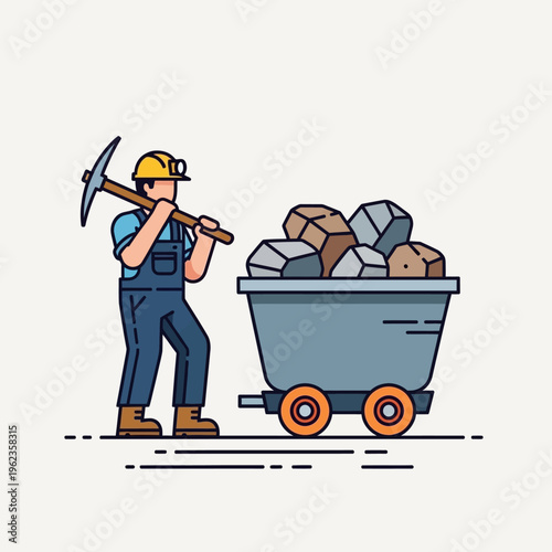 Miner with Pickaxe and Cart Full of Rocks - Mining Industry Concept