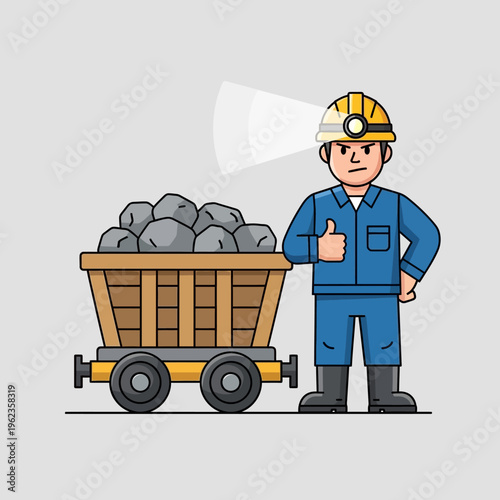 Miner with Coal Cart, Thumbs Up, Hard Hat with Light
