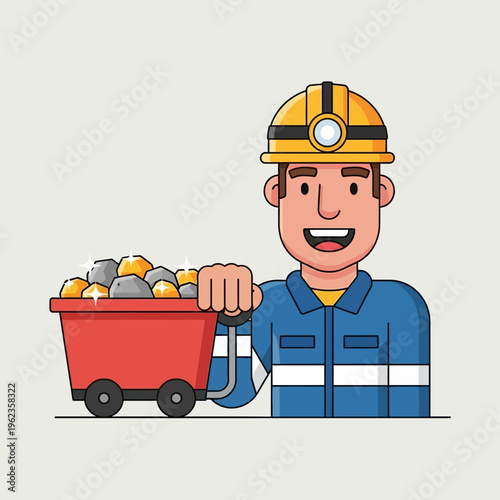 Miner with cart full of gold and rocks, happy miner, mining industry, treasure, wealth, resources