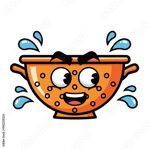 Happy Cartoon Colander Character With Water Droplets.