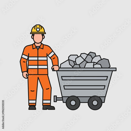 Miner in orange uniform with hard hat next to a full mine cart of rocks