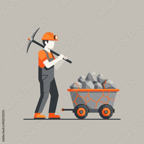 Miner with pickaxe and cart full of rocks, mining industry, hard work, underground exploration
