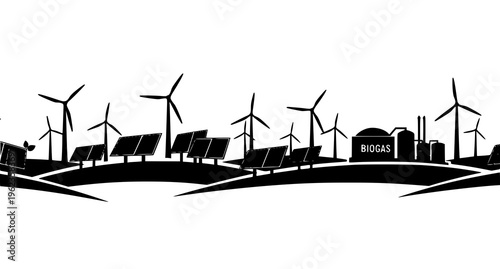 Renewable energy sources with solar panels and wind turbines Vector
