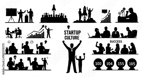 Black silhouettes of business people working and having fun Vector