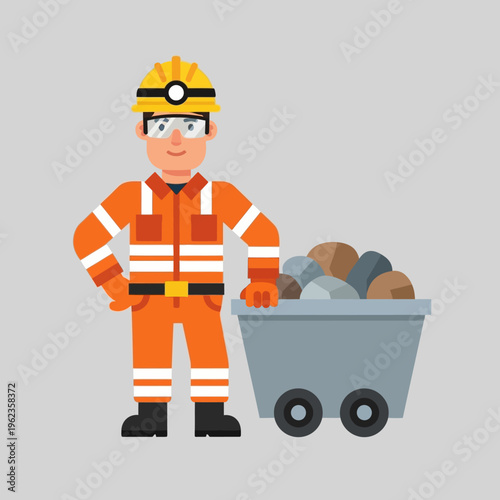 Miner in orange uniform with helmet and safety glasses pushing a cart full of rocks