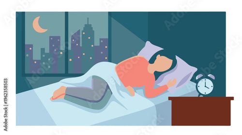 Woman sleeping peacefully in bed at night overlooking city skyline