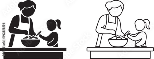 Minimalist cooking icons of mother and daughter, black silhouette and line art of family baking together, kitchen activity vector set