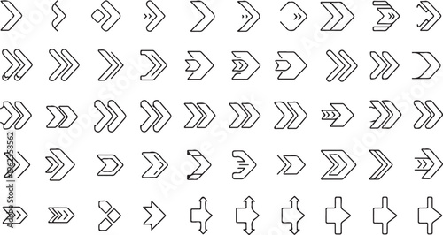 Chevron Direction Icon Collection Minimal Line Navigation Indicators, Forward Arrow Symbols Vector Illustration