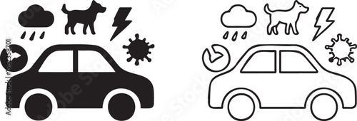 Minimalist car insurance icons, automotive protection symbols with weather and pet hazards, black silhouette and outline vector set for vehicle safety