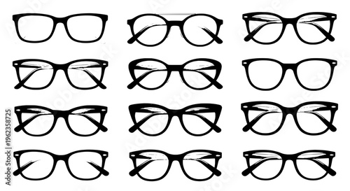 Glasses set with various black frames and clear lenses for fashion and vision correction needs featuring eyeglasses, spectacles, eyewear with
