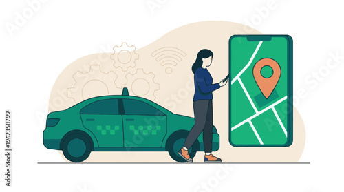 Woman using smartphone app to book a taxi with map navigation