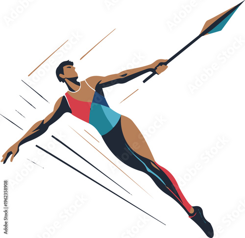 Javelin throw spear with motion direction lines, flat vector illustration, bold thick black outline, minimal design, white background