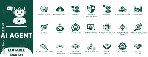 AI Agent Solid icons set. brain, editable, future, learning, support, talk, agent, voice, assistant, and solid vector.
