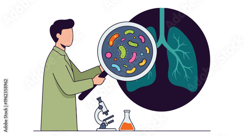 Medical scientist examining microbes and bacteria in human lungs illustration