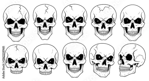 Skulls set with various cracked and broken human skulls, black and white line art illustrations featuring vector graphics, icons, symbols with death