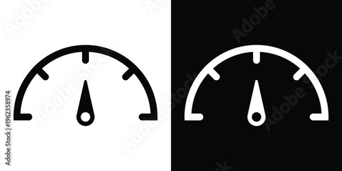 Minimalist speedometer or gauge icon set. Black and white vector illustrations featuring a circular dial with a needle pointer. Ideal for performance, speed, and measurement concepts.