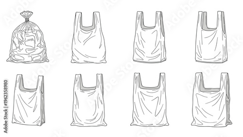 Plastic shopping bags in various states and styles are depicted in a set of hand drawn sketches including one filled with trash.
