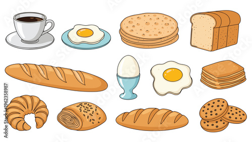 Delicious breakfast food and bakery items like coffee eggs bread baguettes croissants and cookies are displayed on a white background.