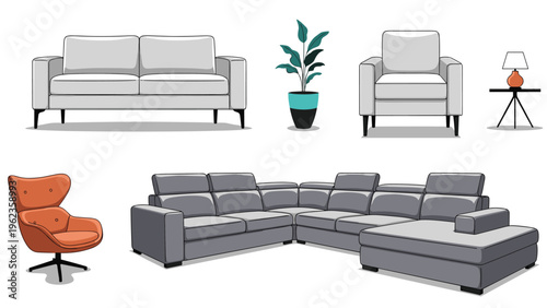 Modern living room furniture set features light gray sofas an armchair a side table with a lamp and a decorative indoor plant.