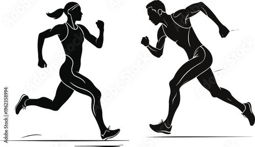  Running athlete silhouette in sprint pose, flat vector illustration, bold thick black outline, minimal line art, white background