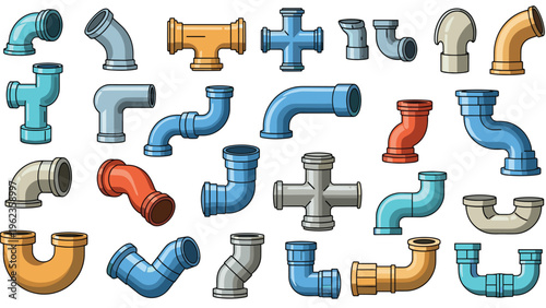 Extensive variety of PVC pipe fittings and plumbing connectors in multiple shapes and colors like blue orange and gray are shown together.