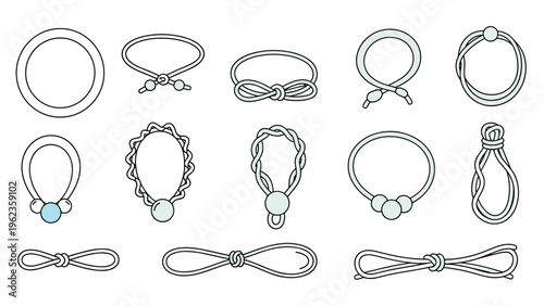 Collection of various hair ties, elastics, and scrunchies in different shapes and styles shown as line art illustrations.