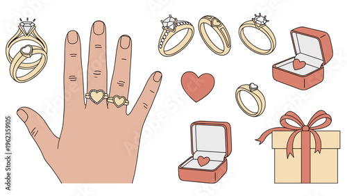 Various diamond and heart shaped engagement rings shown alone and worn on a hand alongside gift boxes and a heart.