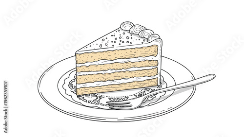Delicious slice of multi-layered cream cake served on an ornate plate with a silver fork in a sketch illustration style.