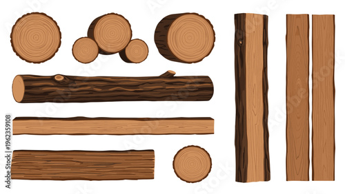 Collection of natural wood logs, cross sections with tree rings, and cut timber planks in various shapes and sizes.