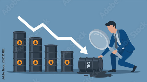 Businessman analyzing falling oil prices and market downturn concept
