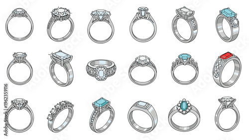 Collection of fifteen elegant diamond rings with various cuts, settings, and colored gemstones on a white background.