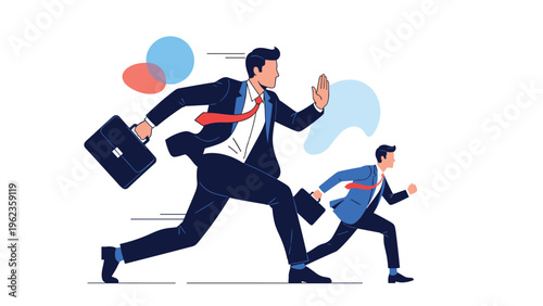 Two professional businessmen in suits carrying briefcases running quickly forward in a dynamic flat illustration style.