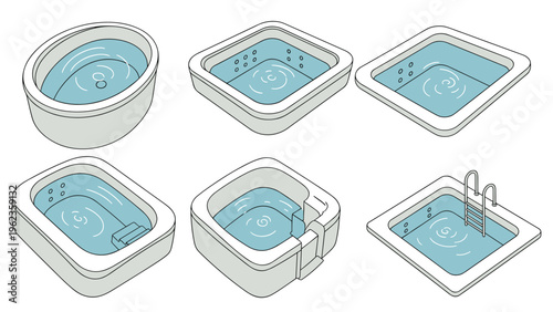 Various designs of modern hot tubs and small rectangular swimming pools shown in a simple perspective drawing style.
