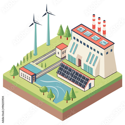 Isometric illustration of a sustainable power plant with solar panels, wind turbines, and a hydroelectric dam on a green landscape with trees