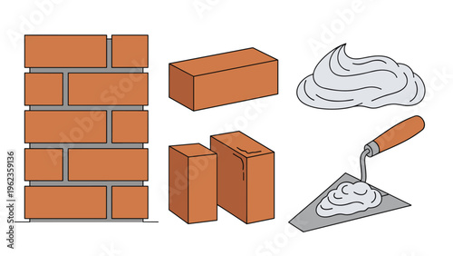 Building construction elements featuring a brick wall section, loose bricks, wet mortar pile, and a masonry trowel tool.