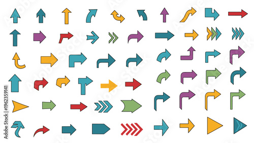 Large set of various colorful directional arrows in different styles and shapes pointing in multiple directions.