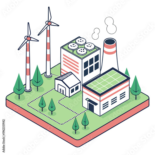 Isometric illustration of industrial complex with wind turbines and solar panels on roof