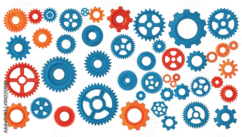 Extensive assortment of industrial gears and cogs in blue, red, and orange colors and various mechanical sizes.